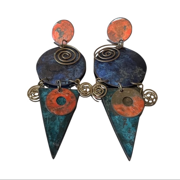 Jewelry - Vintage from 80s metal Art Deco large earrings|multicolored